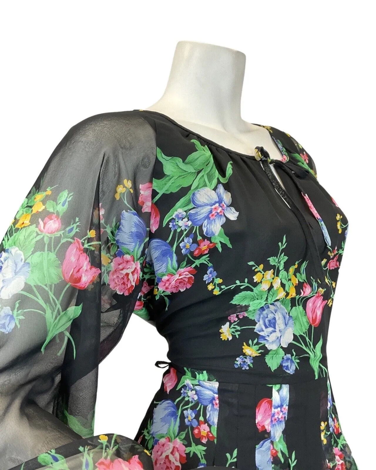 VINTAGE 60s 70s BLACK GREEN BLUE FLORAL BOUQUET ROSE SHEER MAXI DRESS 14