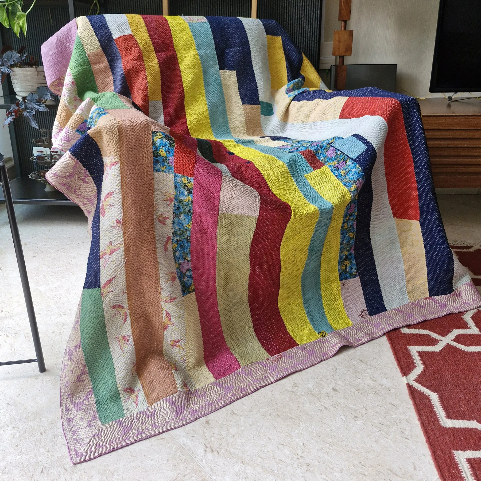 Vintage Kantha Throw Multi Stripe