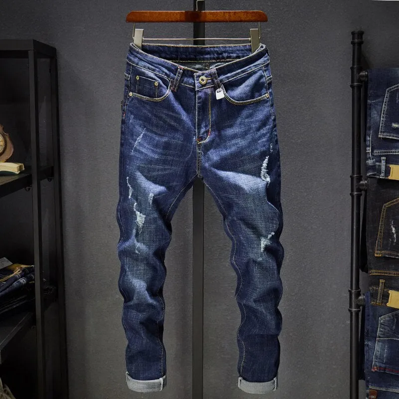 West Louis™ Distressed Ripped Dark Blue Denim Jeans