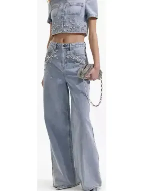 Women’s Crystal-Embellished High-Waisted Relaxed Fit Denim Wide Leg Jeans