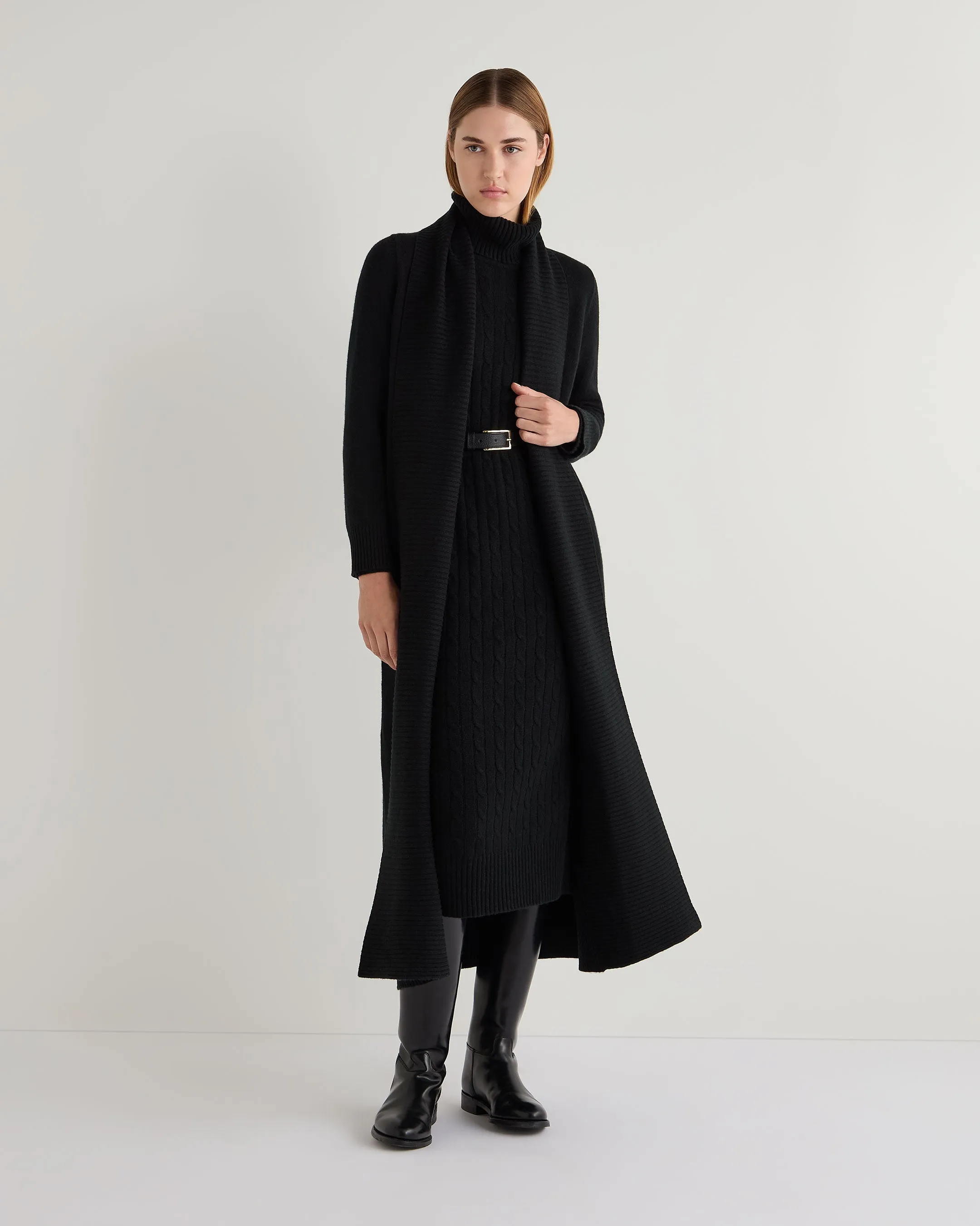 Women's Longline Cable Cashmere Dress Black