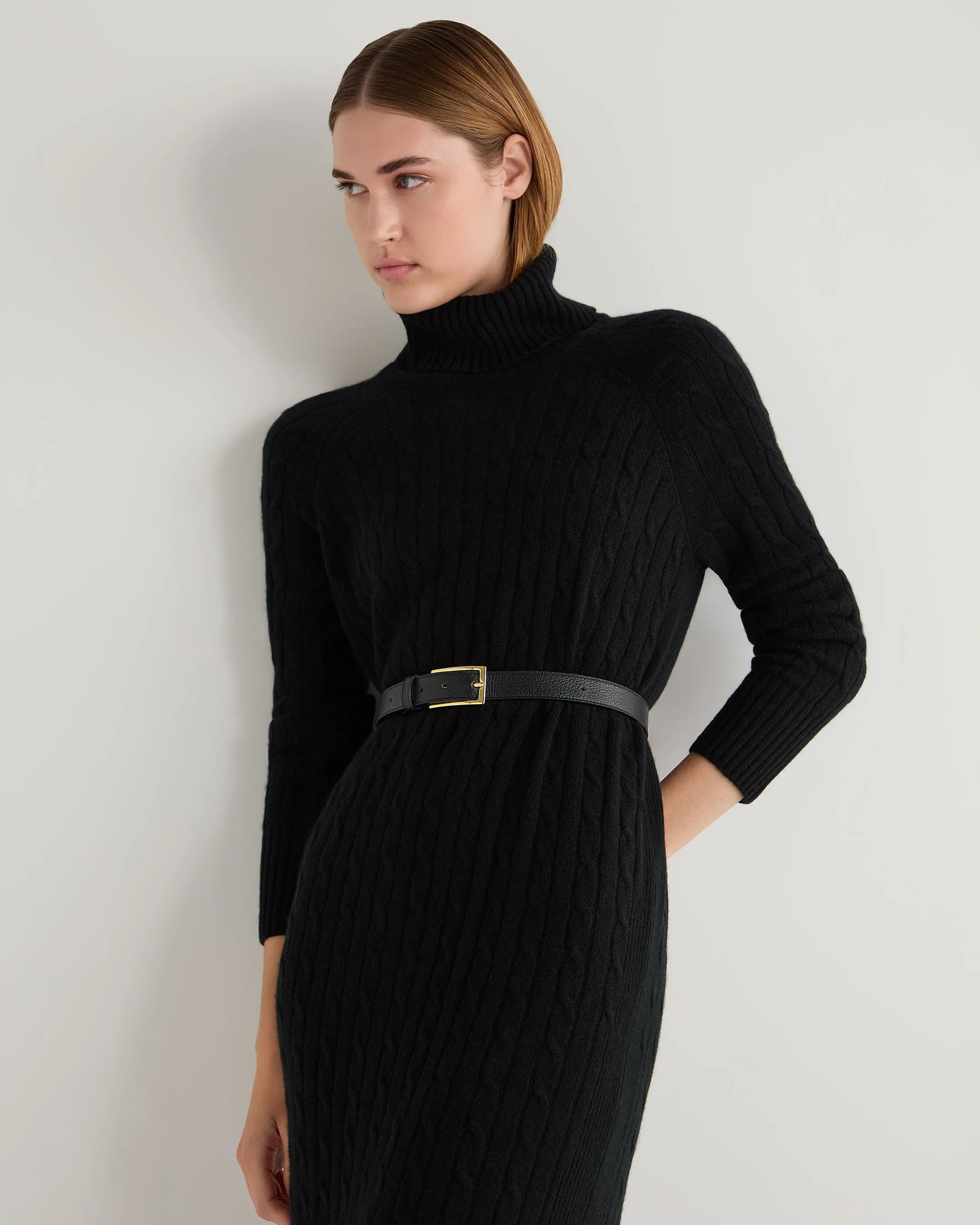 Women's Longline Cable Cashmere Dress Black