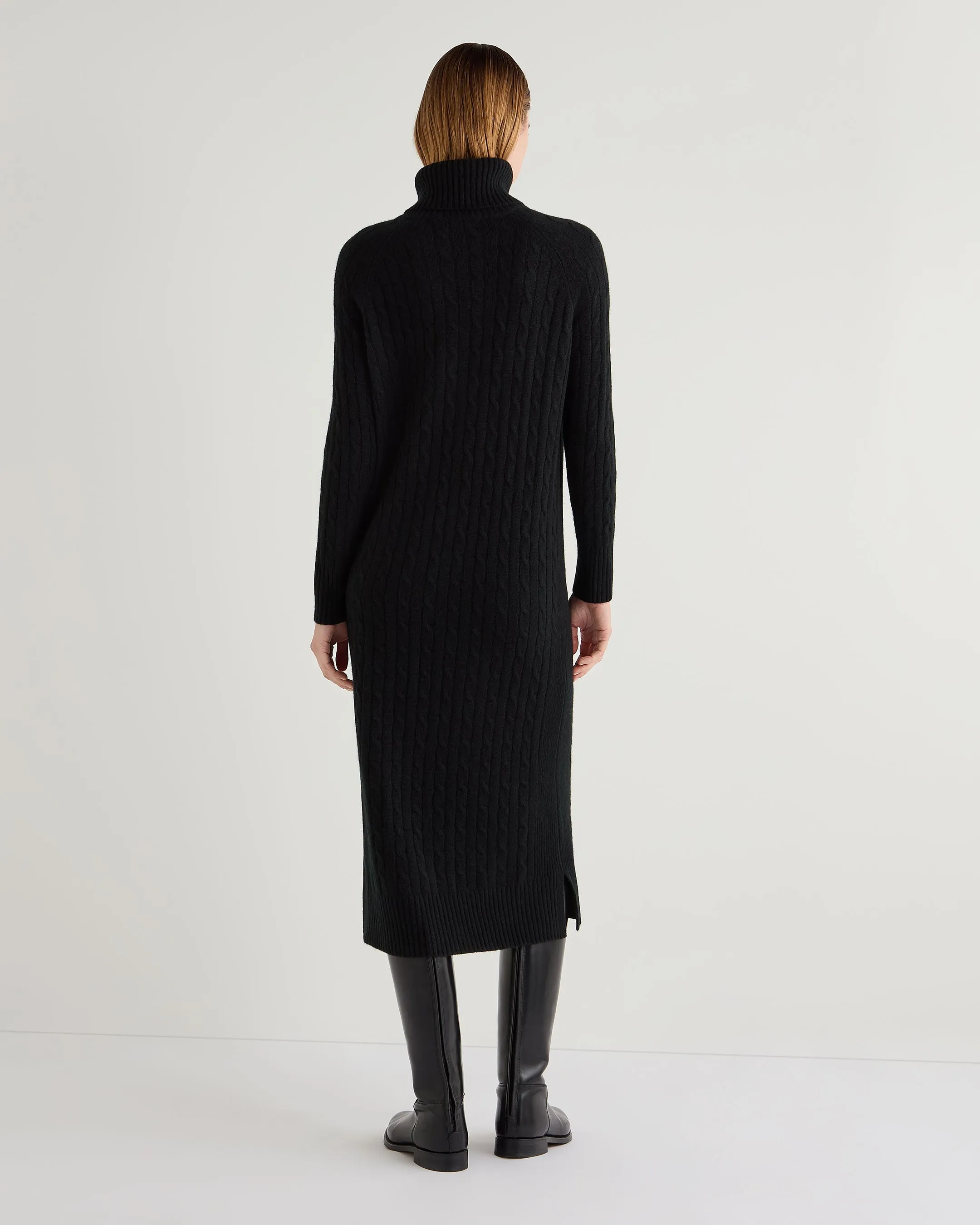 Women's Longline Cable Cashmere Dress Black